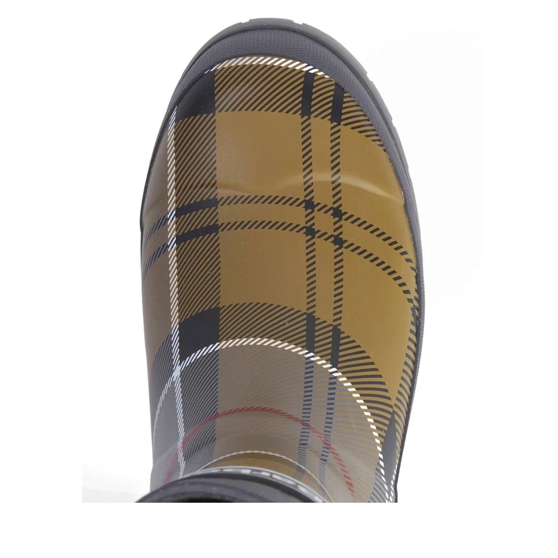 A top-down close-up of the Barbour Banbury Tartan Mid Calf Wellys Womens Rainboot, featuring a yellow and black tartan pattern, set against a white background., 5063669171042, 5063669171059, 5063669171066, 5063669171073, 5063669171080, 51377