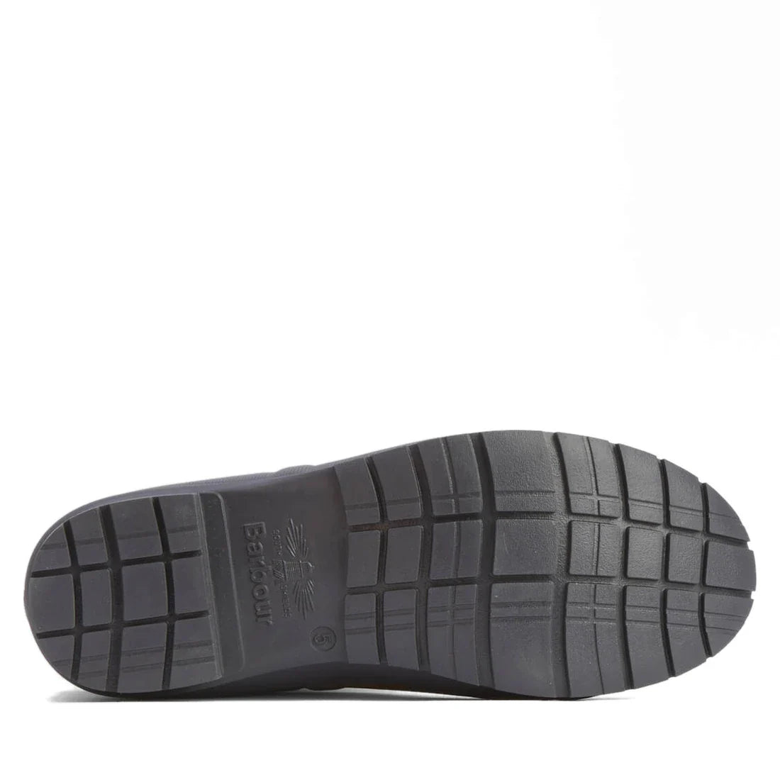 The image shows the bottom view of a black Barbour Banbury Tartan Mid Calf Wellys womens rainboot sole featuring a textured, grid-like tread and the Barbour logo embossed near the arch, set against a plain white background., 5063669171042, 5063669171059, 
