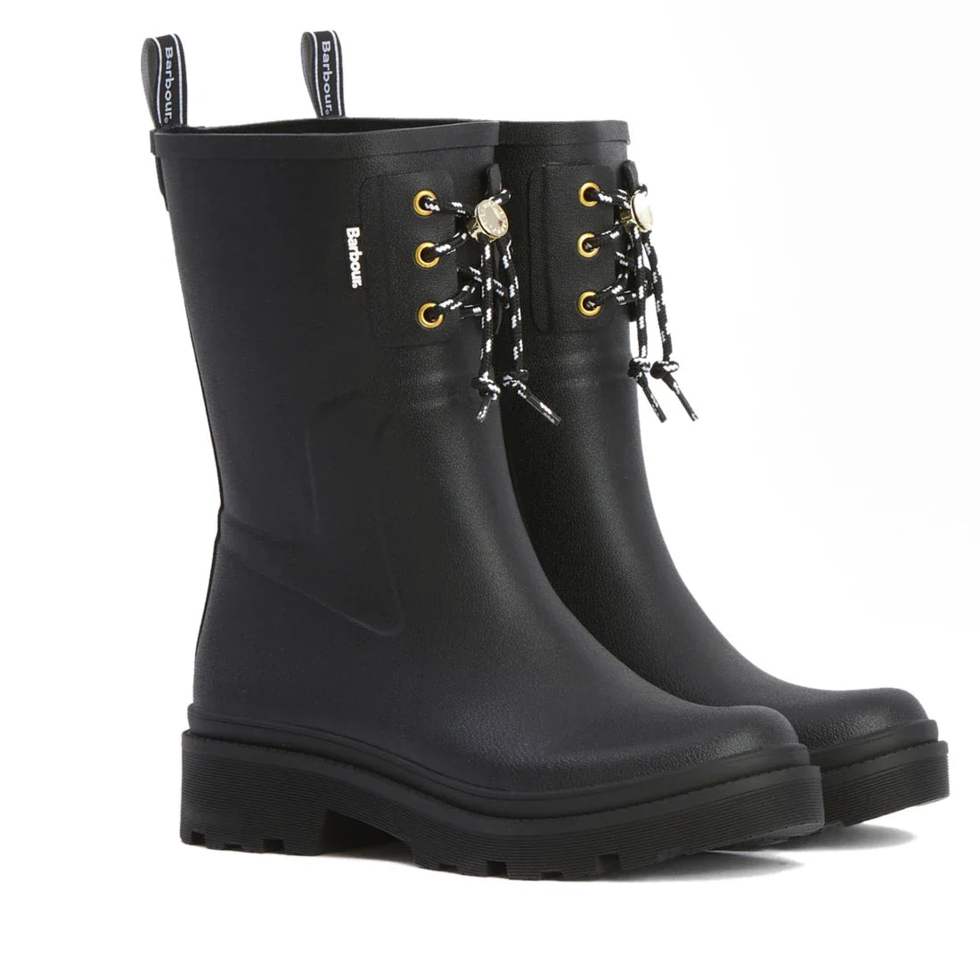 The Barbour Devlin Black Mid Calf Wellys Womens Rainboot features waterproof black uppers, thick soles, gold eyelets, black-and-white laces, side branding, and back pull tabs for easy wear.