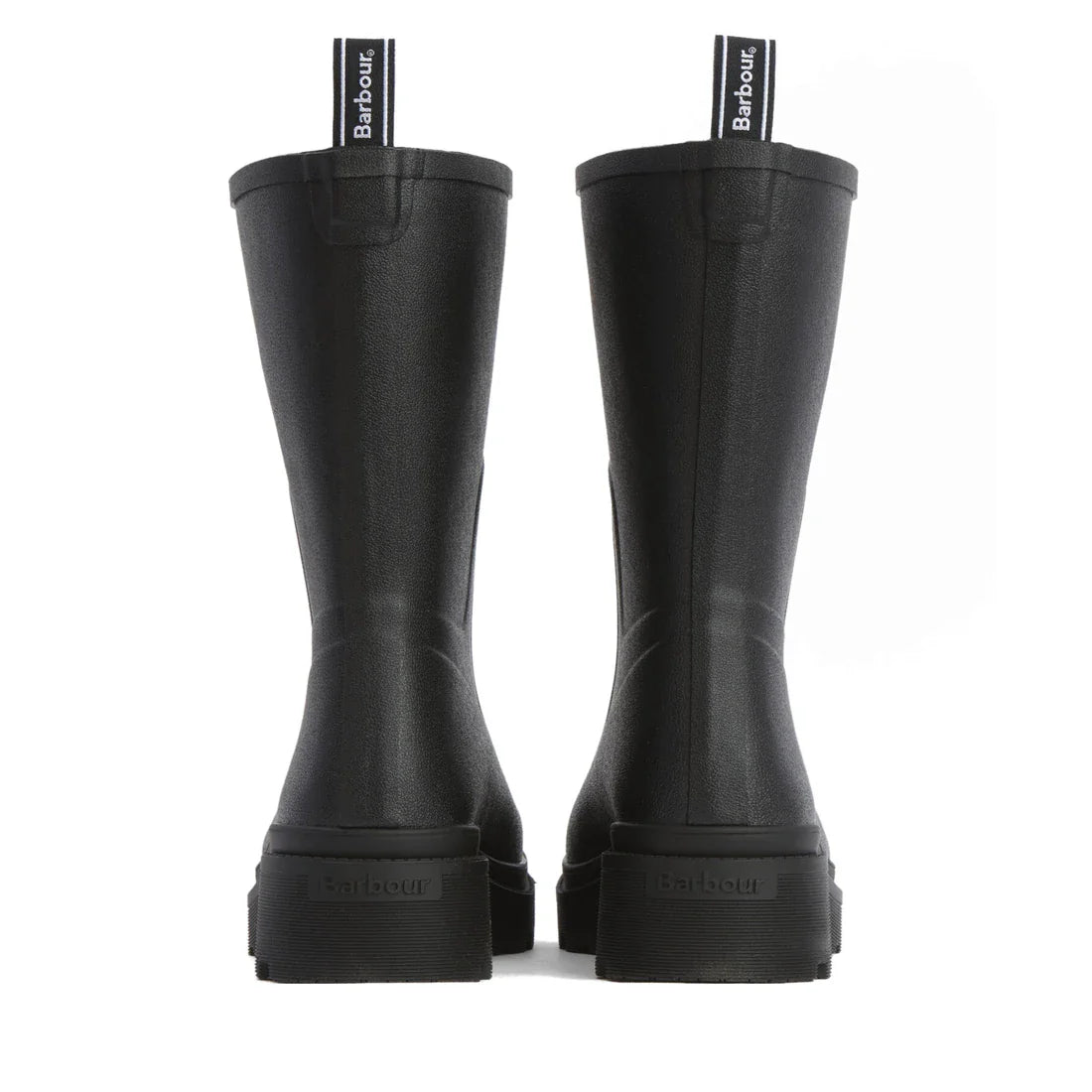 The Barbour Devlin Black Mid Calf Wellys Womens Rainboot, shown from the back, feature Barbour branding on the heel and pull tab, a matte finish, and a chunky sole., 51446, 5063669171547, 5063669171554, 5063669171561, 51450, 51451