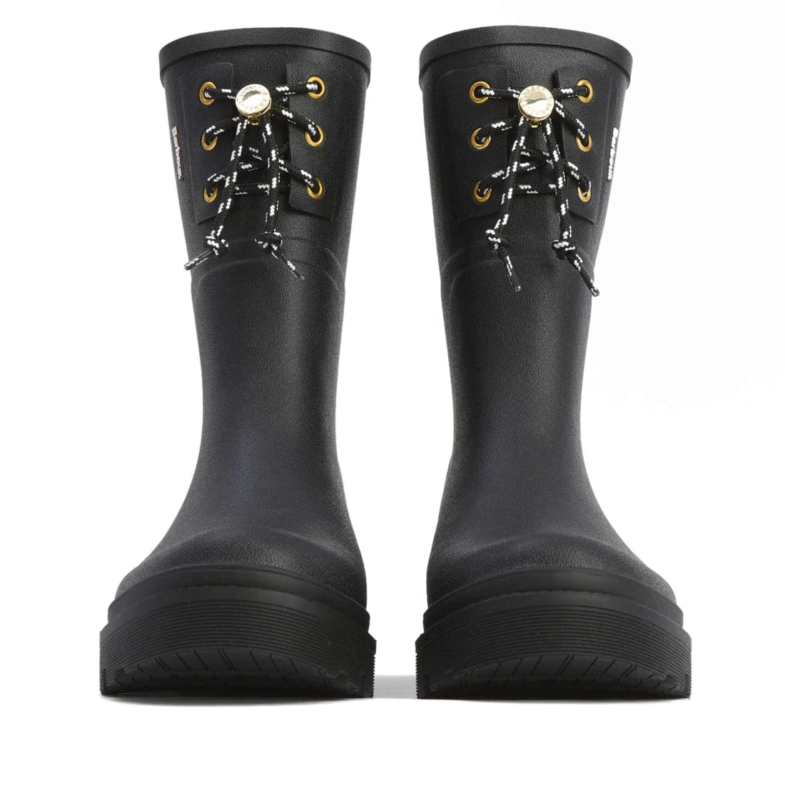Barbour Devlin Black Mid Calf Wellys Womens Rainboot: classic black boots with gold eyelets and black-and-white laces, shown front view on white background—ideal for rainy days., 51446, 5063669171547, 5063669171554, 5063669171561, 51450, 51451