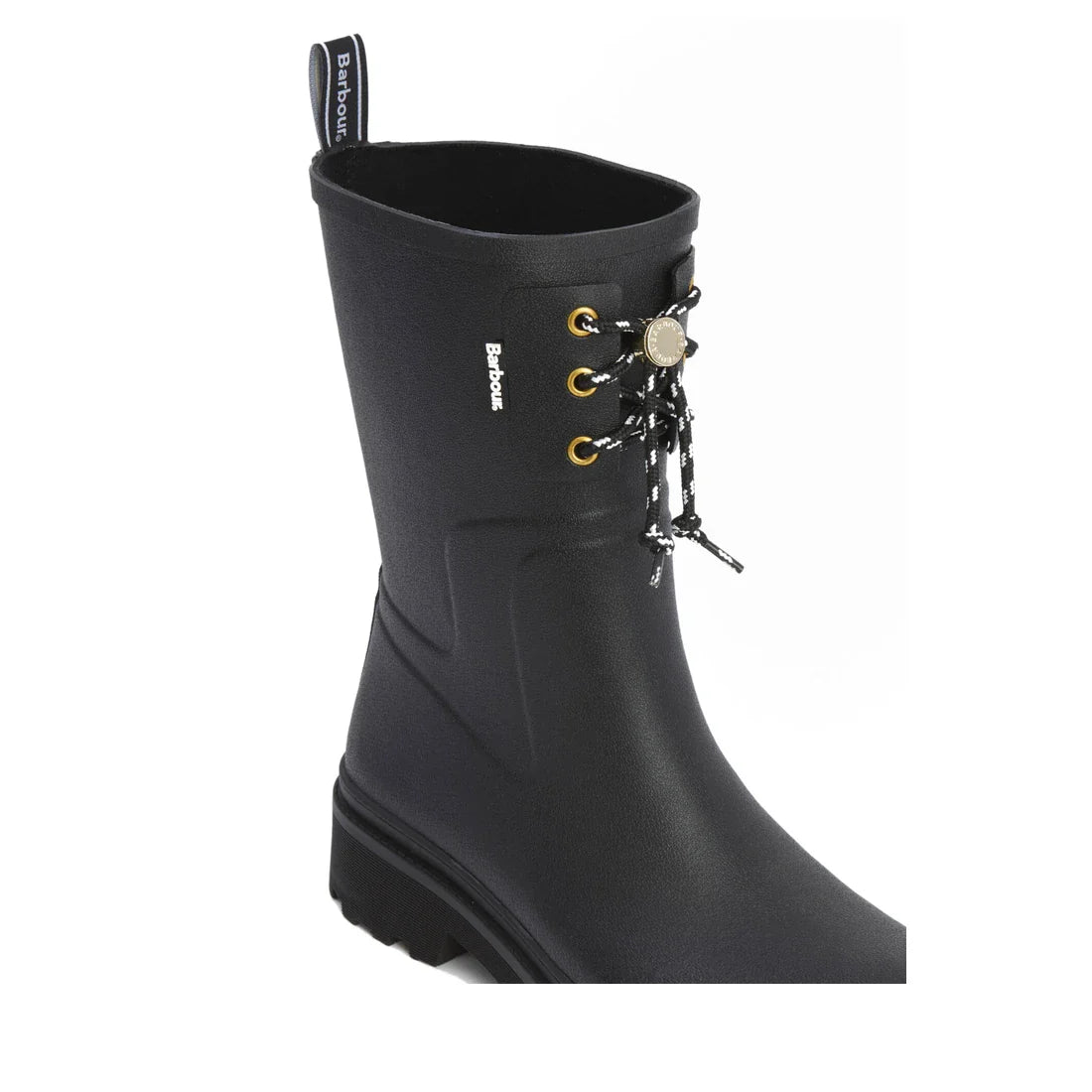 The Barbour Devlin Black Mid Calf Wellys Womens Rainboot features gold eyelets, black-and-white laces, a round front medallion, textured sole, pull tab at the top, and is crafted from black rubber., 51446, 5063669171547, 5063669171554, 5063669171561, 5145