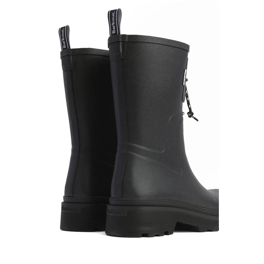 A pair of Barbour Devlin Black Mid Calf Wellys Womens Rainboots with rear pull tabs, displayed at an angle to show both side and back views on a white background., 51446, 5063669171547, 5063669171554, 5063669171561, 51450, 51451