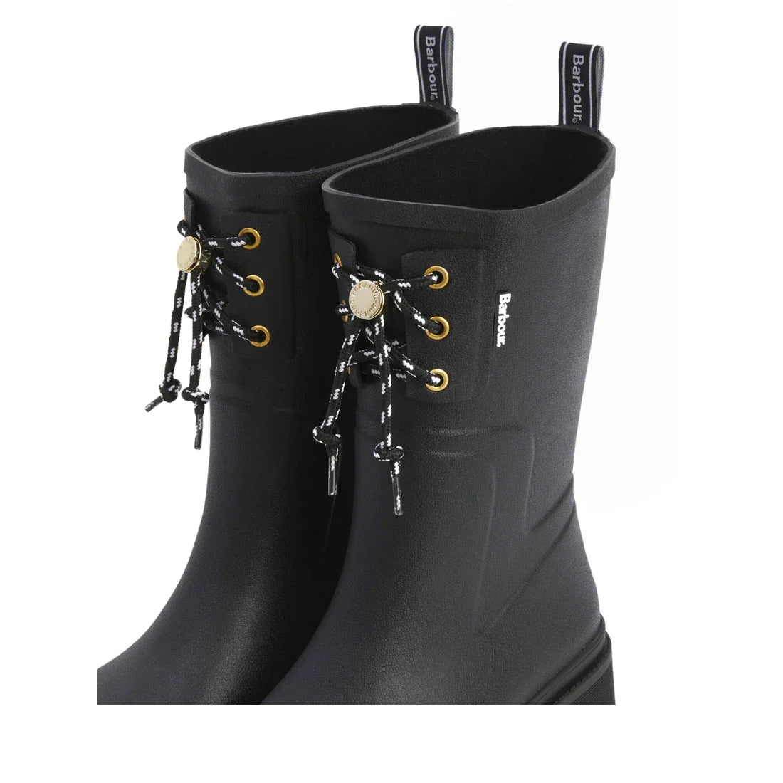 The Barbour Devlin Black Mid Calf Wellys Womens Rainboot features black and white laces through gold eyelets, a decorative gold emblem at the front, and Barbour branding—stylish and perfect for rainy days., 51446, 5063669171547, 5063669171554, 50636691715