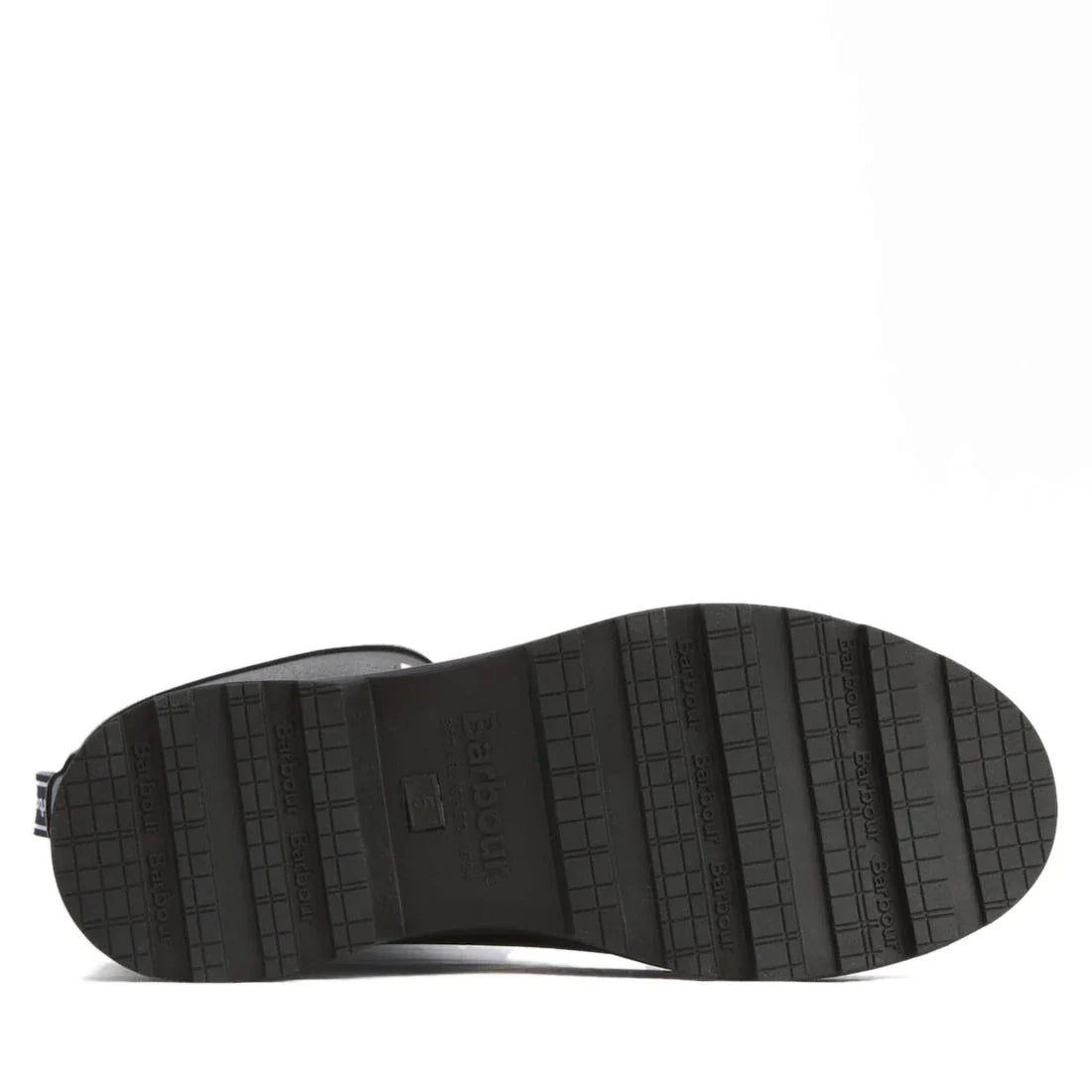 The image displays the sole of a Barbour Devlin Black Mid Calf Wellys Womens Rainboot, featuring a grooved tread and Barbour branding, photographed against a white background., 51446, 5063669171547, 5063669171554, 5063669171561, 51450, 51451