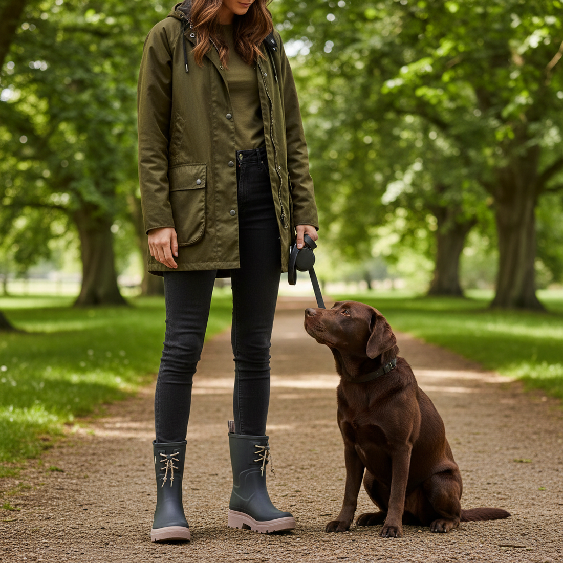 Woman in green jacket and barbour devlin grey mids calf rain boots with pinka ccents standing with a brown dog on a path in a park.,5063669171608, 5063669171615, 5063669171622, 5063669171639, 5063669171646, 51457
