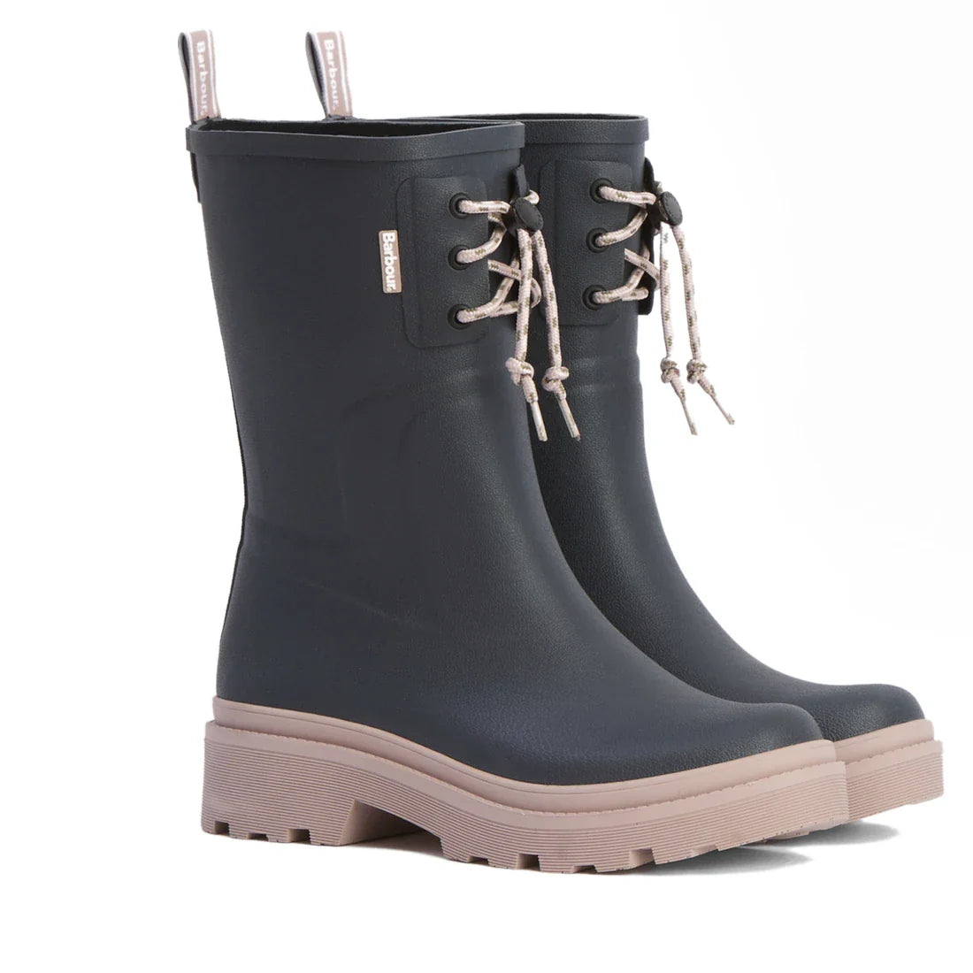 The Barbour Devlin Dusky Grey/Gardenia Pink Mid Calf Wellys Womens Rainboot features chunky soles, laces, and pull tabs at the back. These stylish rain boots are shown on a white background.