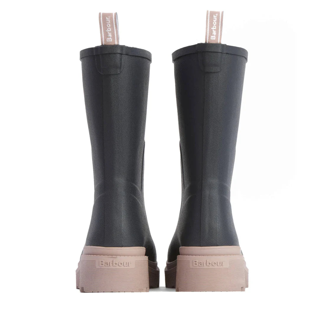 A pair of Barbour Devlin Dusky Grey/Gardenia Pink Mid Calf Wellys womens rainboots, featuring thick soles and pull tabs with Barbour branding, shown from the back against a white background., 5063669171608, 5063669171615, 5063669171622, 5063669171639, 506