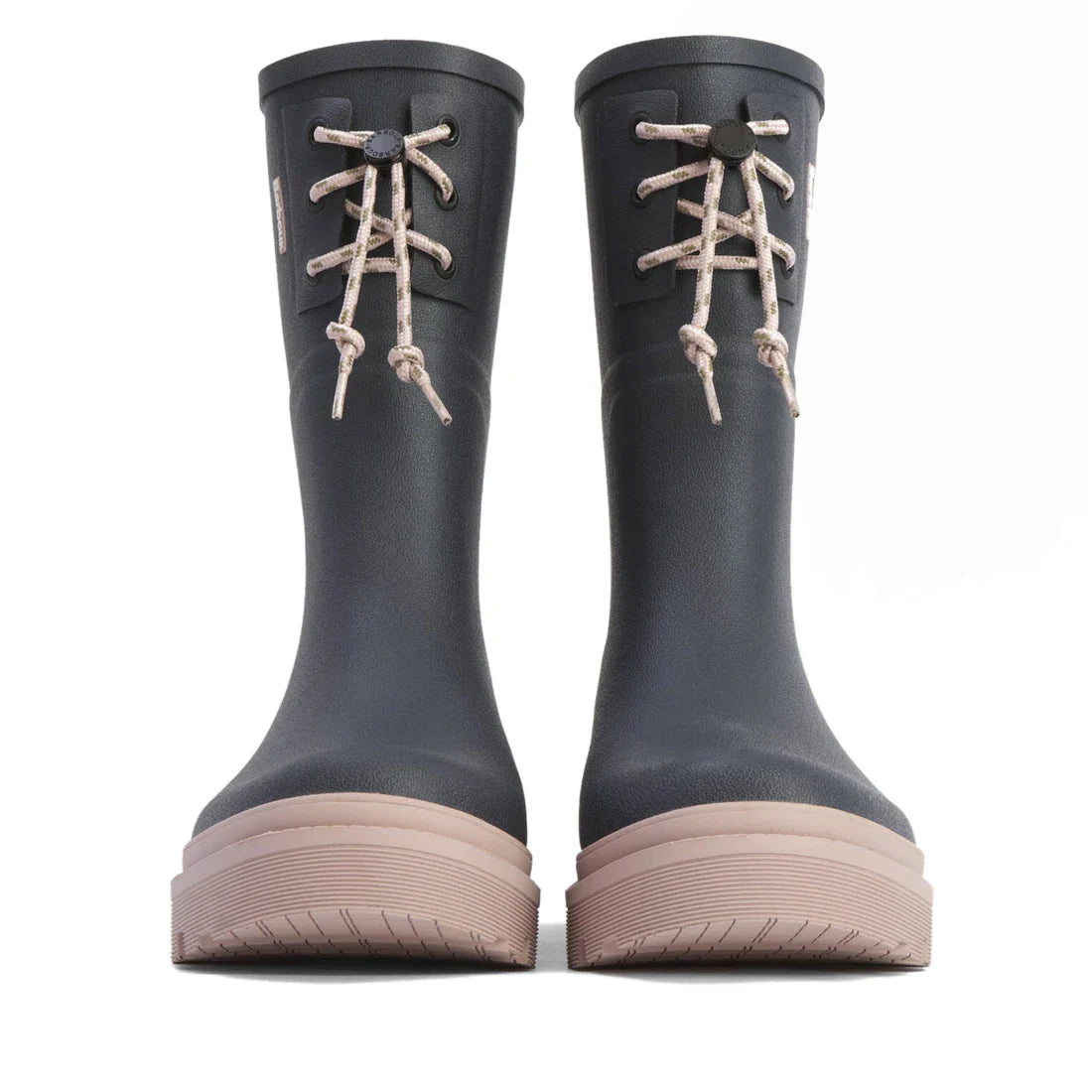 Barbour Devlin Dusky Grey/Gardenia Pink Mid Calf Wellys Womens Rainboot, featuring thick beige soles and rope laces in a bow, photographed on a white background—perfect for rainy days., 5063669171608, 5063669171615, 5063669171622, 5063669171639, 506366917