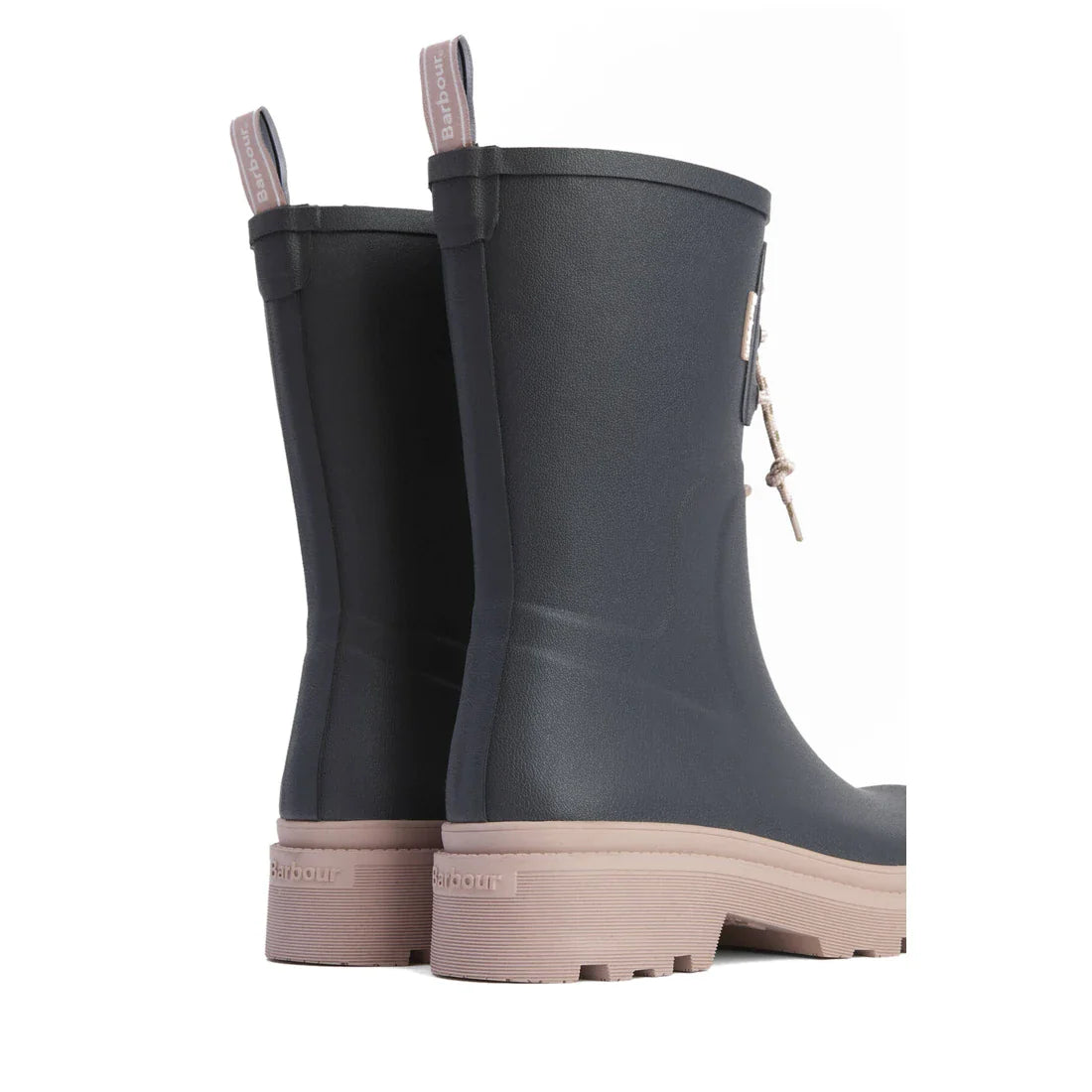 Barbour Devlin Dusky Grey/Gardenia Pink Mid Calf Wellys Womens Rainboot shown from the back and side, featuring dark grey rubber, light beige soles, and pull-tabs, all set against a plain white background., 5063669171608, 5063669171615, 5063669171622, 506