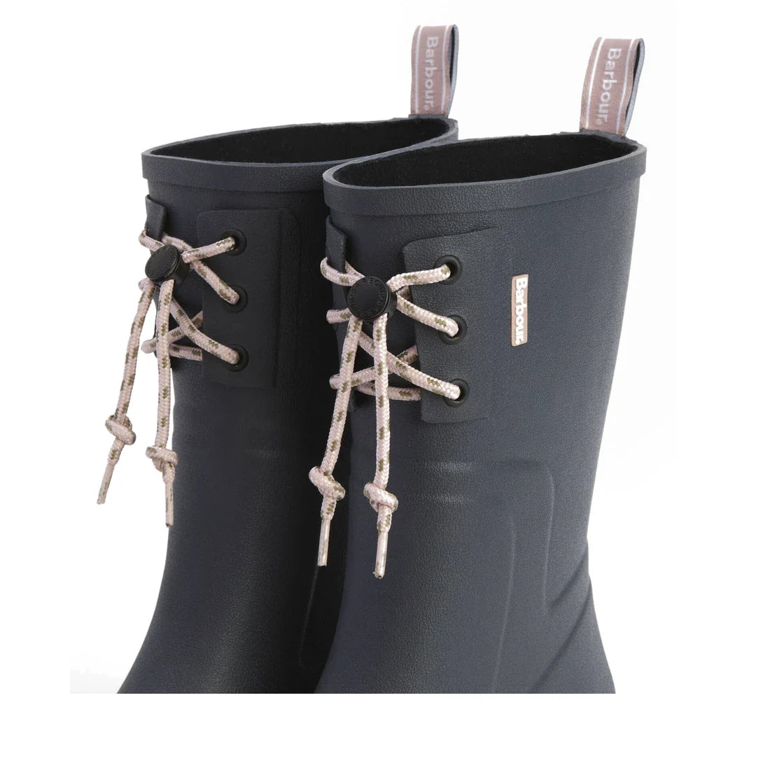 Barbour Devlin Dusky Grey/Gardenia Pink Mid Calf Wellys Womens Rainboot with light laces and branded pull tabs, styled in classic Barbour fashion. Shown against a plain white background., 5063669171608, 5063669171615, 5063669171622, 5063669171639, 5063669