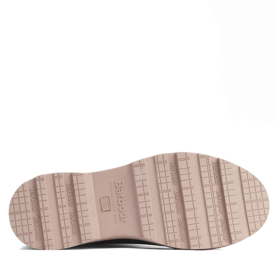 The image displays the sole of the Barbour Devlin Dusky Grey/Gardenia Pink Mid Calf Wellys Women's Rainboot, showcasing a textured tread with the Barbour logo and name imprinted several times., 5063669171608, 5063669171615, 5063669171622, 5063669171639, 5