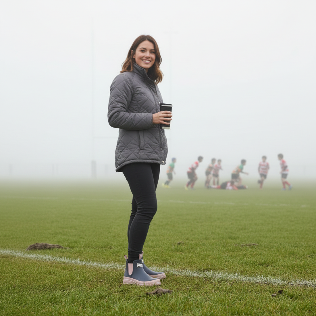 Person wearing a gray quilted jacket and black boots on a grassy field with a rugby match in the background., 5063669171677, 5063669171684, 5063669171691, 5063669171707, 5063669171714, 5063669171721