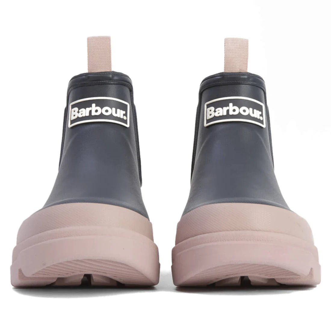 The Barbour Nimbus Dusky Grey/Gardenia Pink Chelsea Wellingtons Womens Rainboot features Chelsea boot-inspired ankle rain boots in navy with thick, light pink soles and pull tabs, displayed from the front against a white background., 5063669171677, 506366