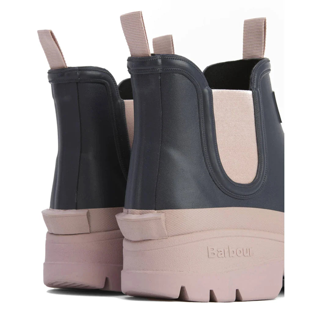 A close-up of two Barbour Nimbus Dusky Grey and Gardenia Pink Chelsea Wellingtons Women's Rainboots, showing the back and side view, thick soles, pull tabs, branding on the heel—stylish waterproof ankle boots., 5063669171677, 5063669171684, 5063669171691,