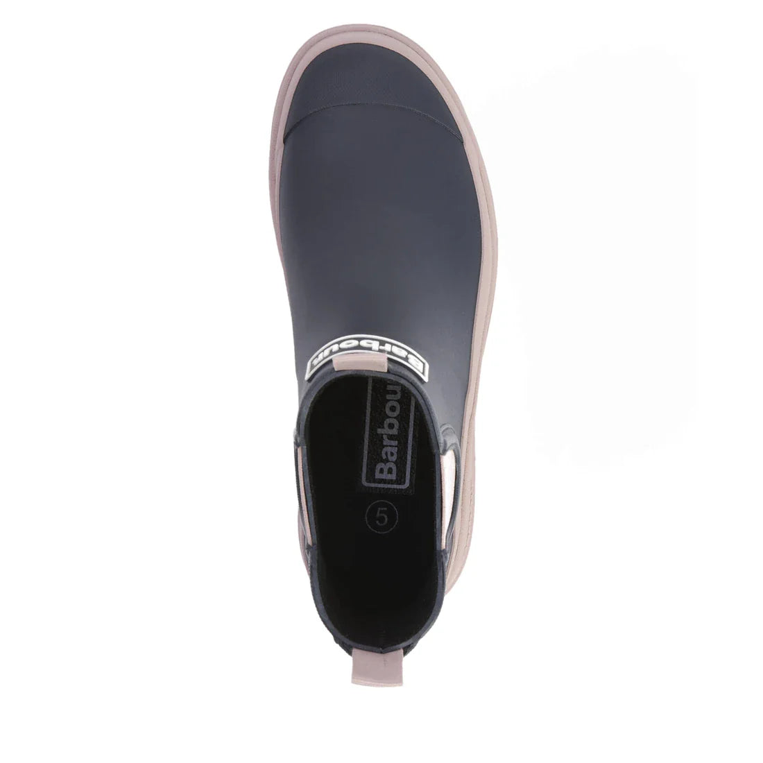 Top view of a single Barbour Nimbus Dusky Grey/Gardenia Pink Chelsea Wellingtons women's rainboot, featuring a Chelsea boot-inspired design, contrast trim and pull tab, and visible brand logos on the front and insole, set against a white background., 5063