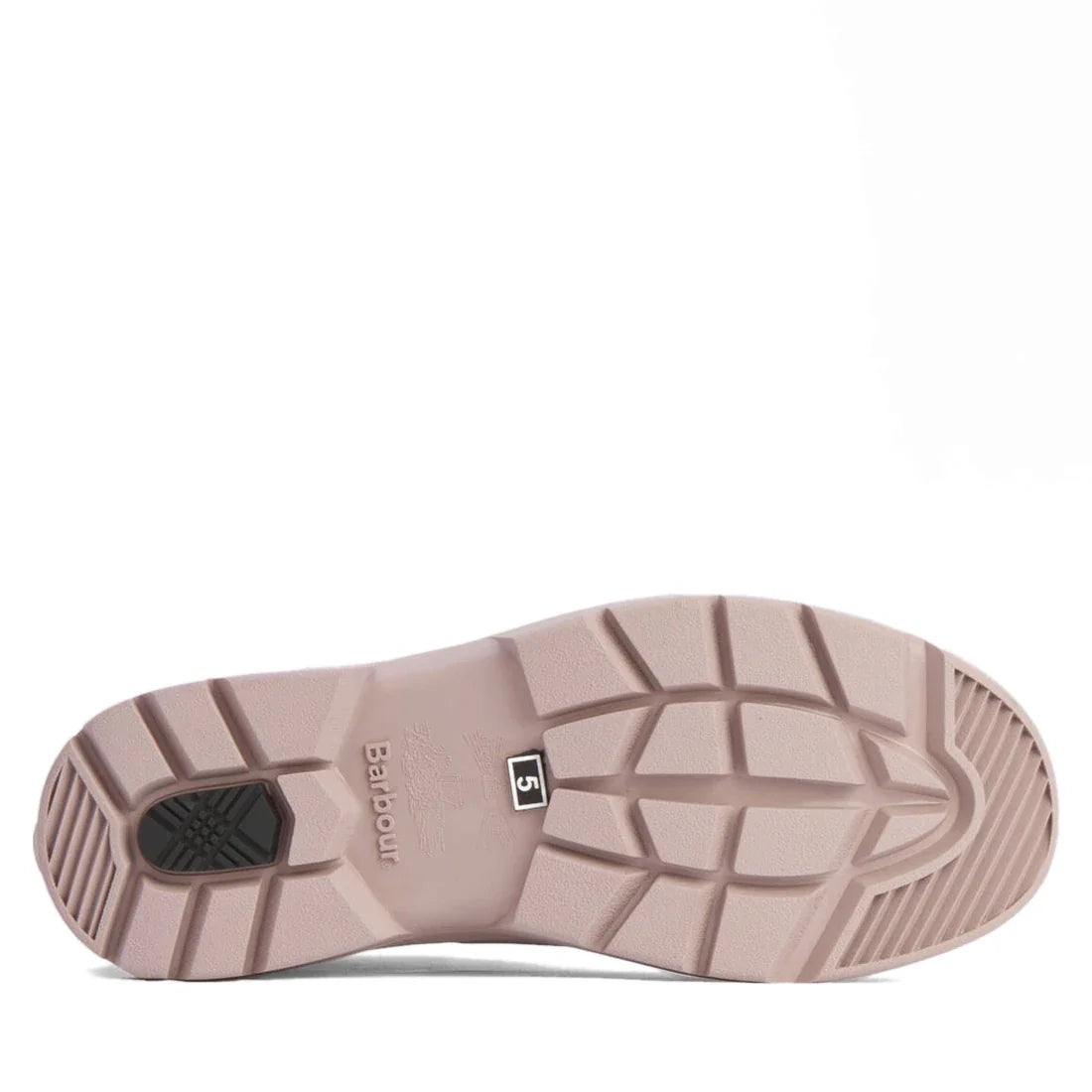 The image shows the sole of a Barbour Nimbus Dusky Grey/Gardenia Pink Chelsea Wellingtons Women's Rainboot with a textured tread, black rectangular heel grip, and visible Barbour logo and number 5 in the center., 5063669171677, 5063669171684, 506366917169