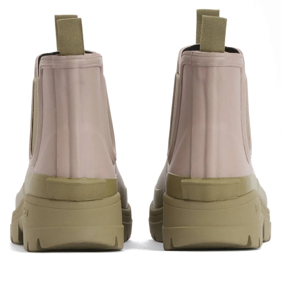 Barbour Nimbus Gardenia Pink/Bleached Olive Chelsea Wellingtons women's rainboot, ankle-height with Chelsea style, chunky bleached olive soles, beige-pink upper, and heel pull tabs viewed from the back., 5063669171745, 5063669171752, 5063669171769, 506366