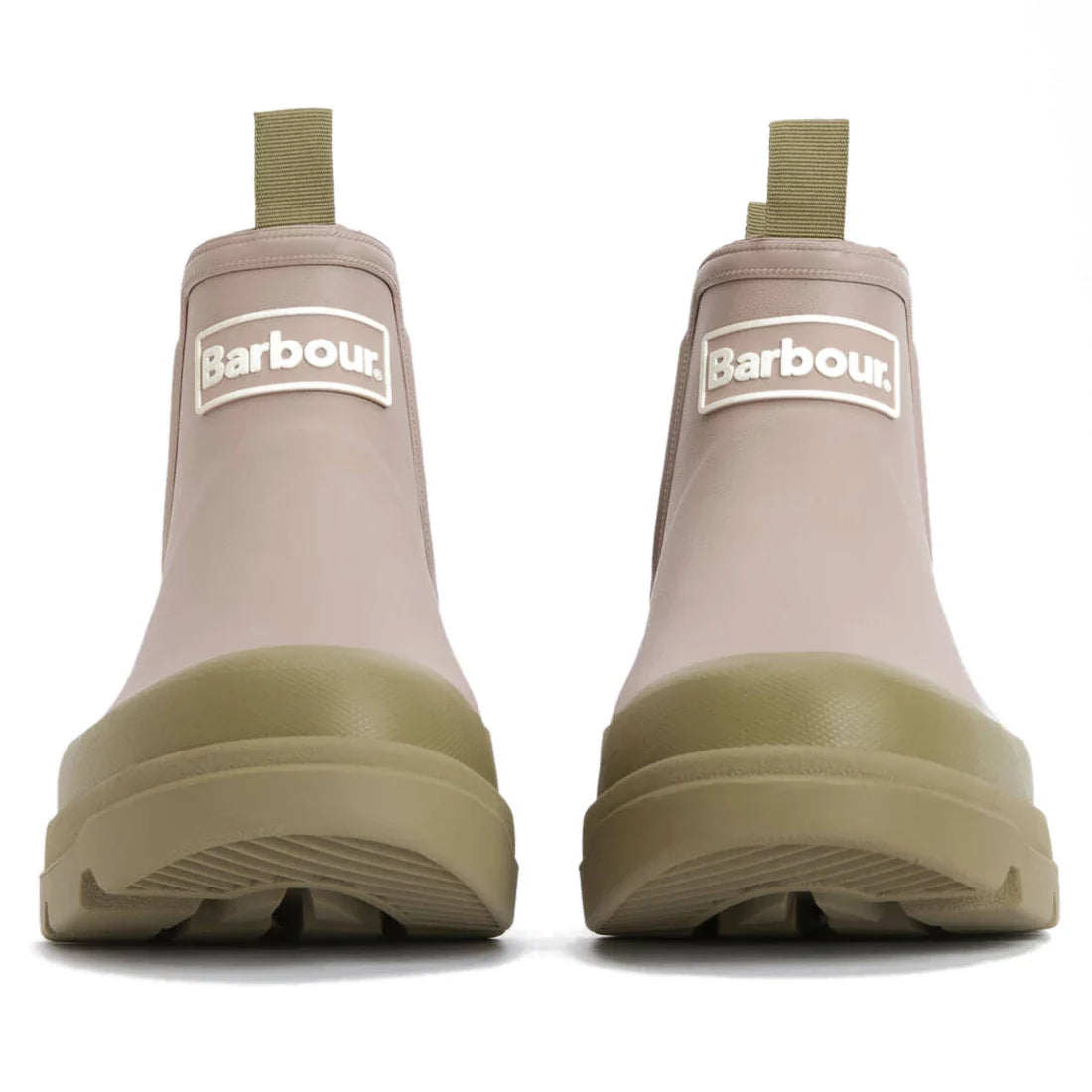 A pair of Barbour Nimbus Gardenia Pink/Bleached Olive Chelsea Wellingtons Women's Rainboots, seen from the front, featuring pull tabs, a Chelsea-inspired design, and the Barbour logo on each waterproof ankle boot., 5063669171745, 5063669171752, 5063669171