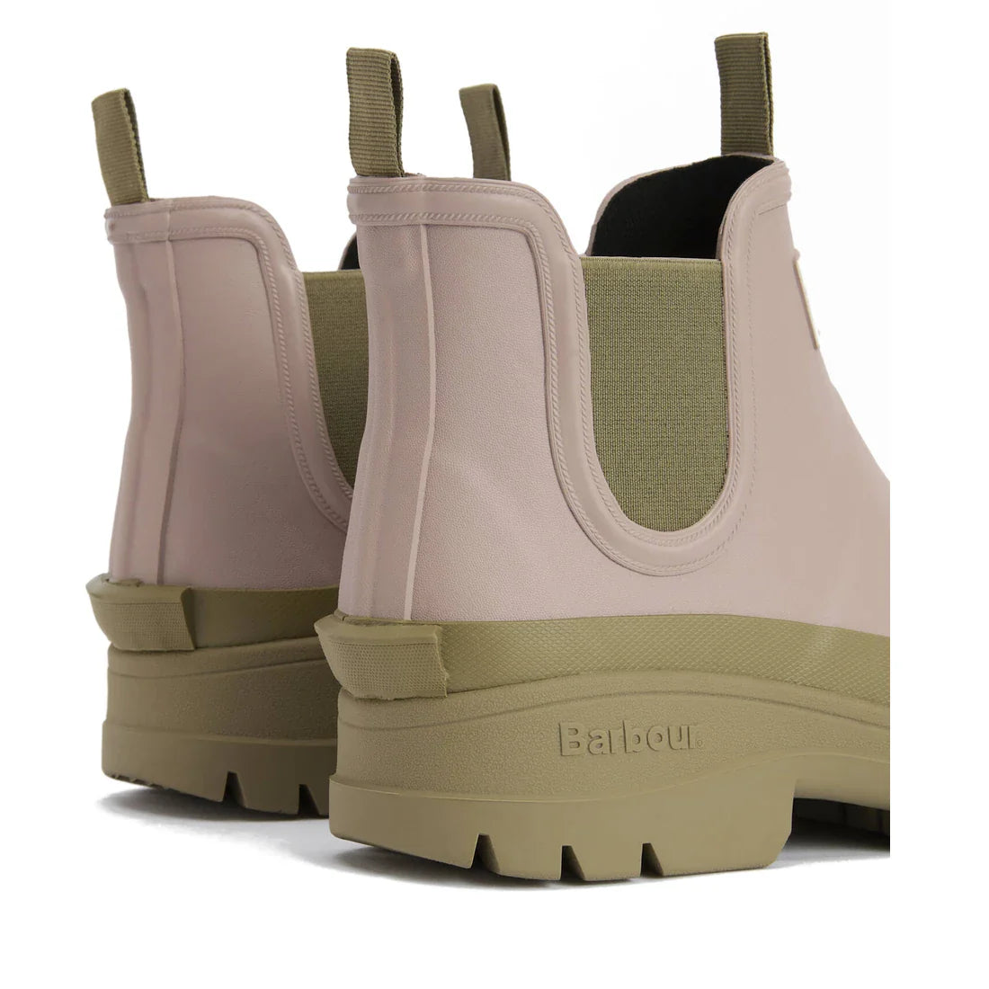 A close-up view of the Barbour Nimbus Gardenia Pink/Bleached Olive Chelsea Wellingtons Womens Rainboots, showing chunky soles, looped pull tabs, and a Chelsea boot-inspired silhouette at the back and side., 5063669171745, 5063669171752, 5063669171769, 506