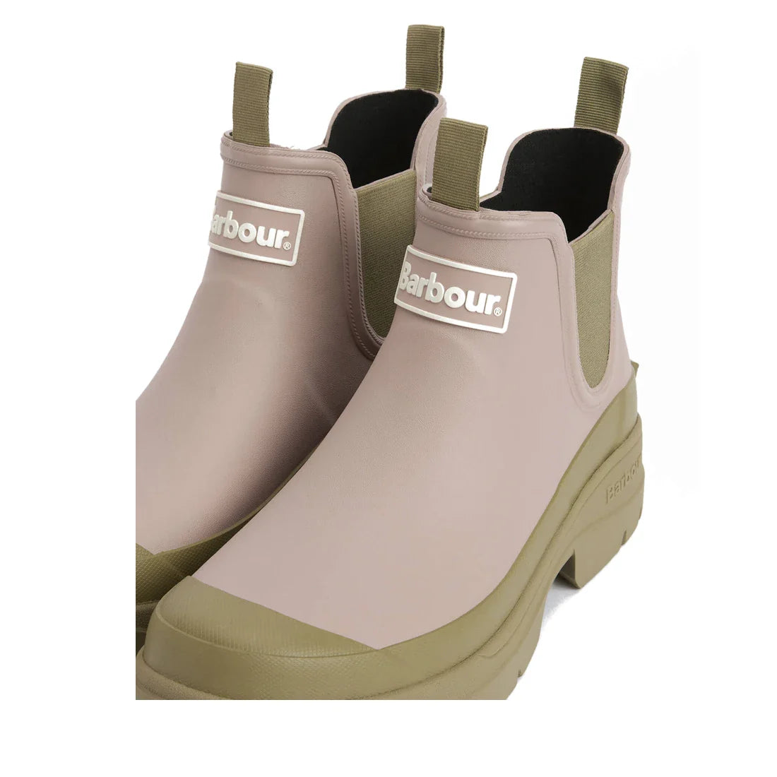 A pair of Barbour Nimbus Gardenia Pink/Bleached Olive Chelsea Wellingtons women’s rainboots with pull tabs, chunky rubber soles, and the Barbour logo displayed on the front., 5063669171745, 5063669171752, 5063669171769, 5063669171776, 5063669171783, 50636