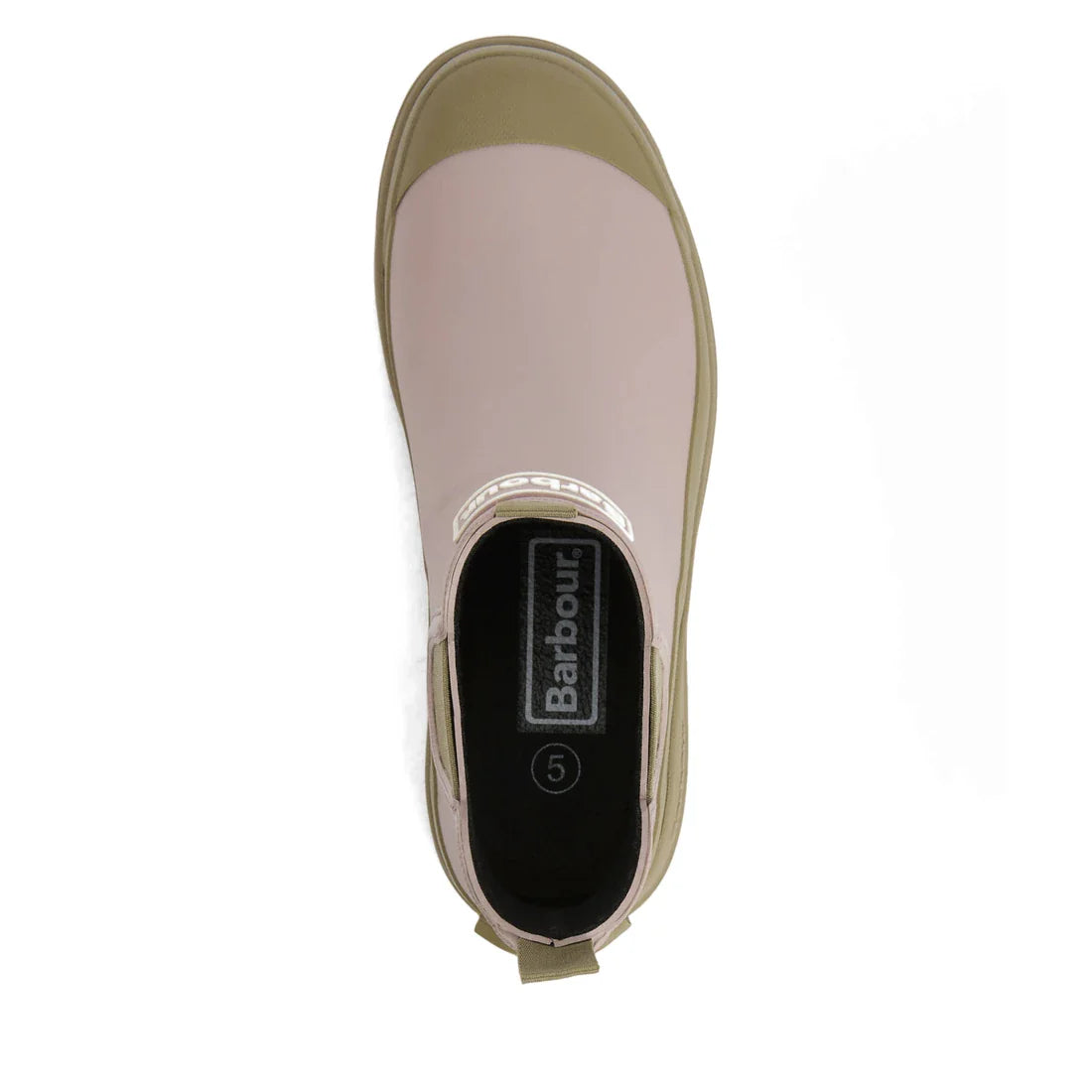 Top-down view of a single Barbour Nimbus Gardenia Pink/Bleached Olive Chelsea Wellingtons Womens Rainboot with a heel pull tab, Chelsea-inspired design, and size 5 marking on the black insole., 5063669171745, 5063669171752, 5063669171769, 5063669171776, 5
