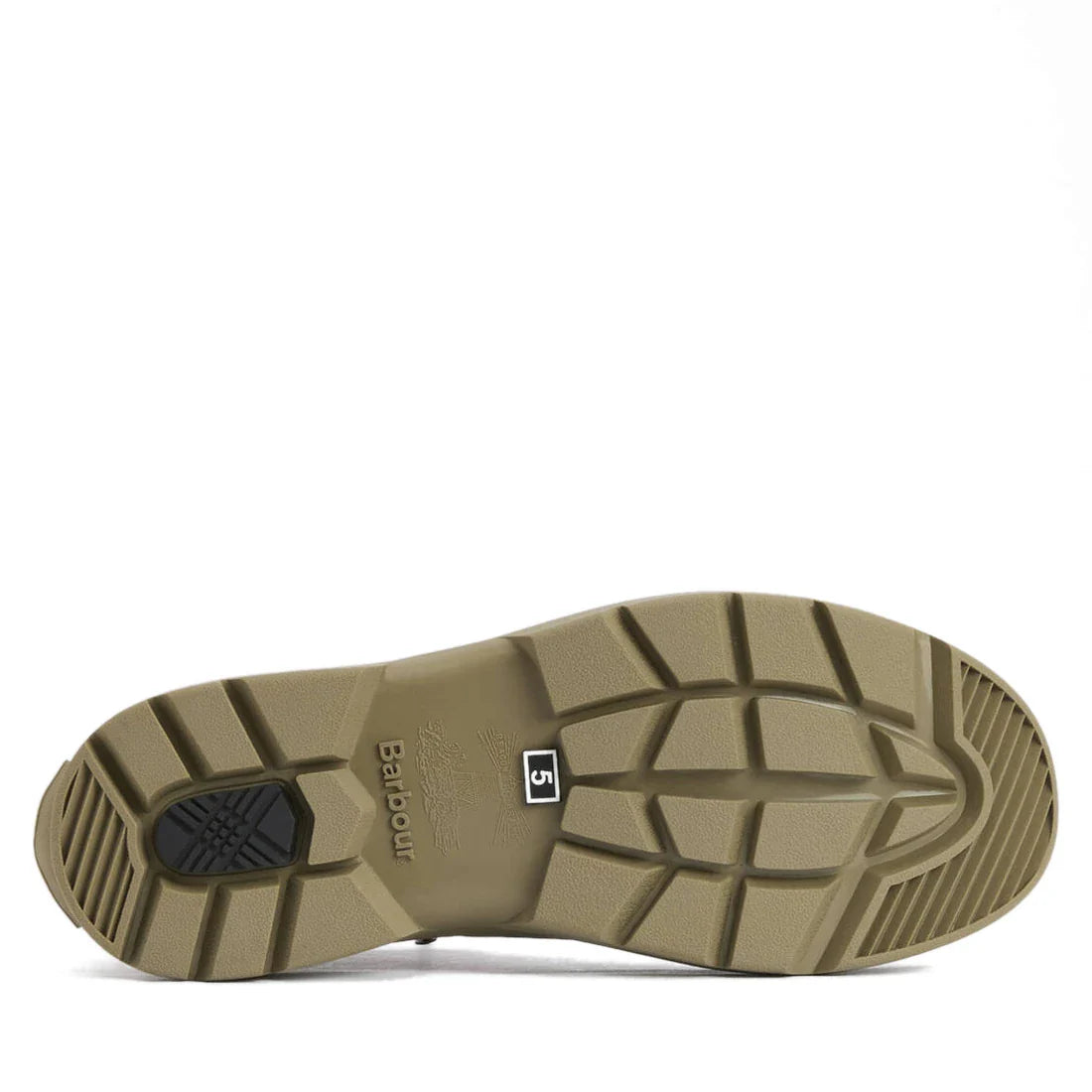 The image shows the sole of a beige Barbour Nimbus Gardenia Pink/Bleached Olive Chelsea Wellingtons Womens Rainboot, with deep grooves for grip, Barbour and the number 5 printed on it, and a black Chelsea-inspired patterned section near the heel., 5063669