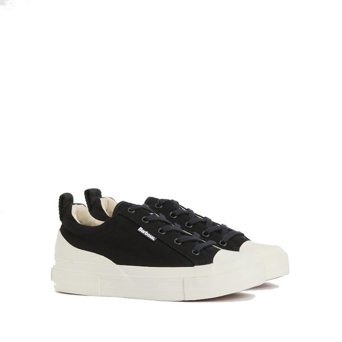 Barbour Womens Stanhope Canvas Trainer Black—classic black sneakers with sturdy white soles, toe caps, and easy black lace closure.  ksnz
