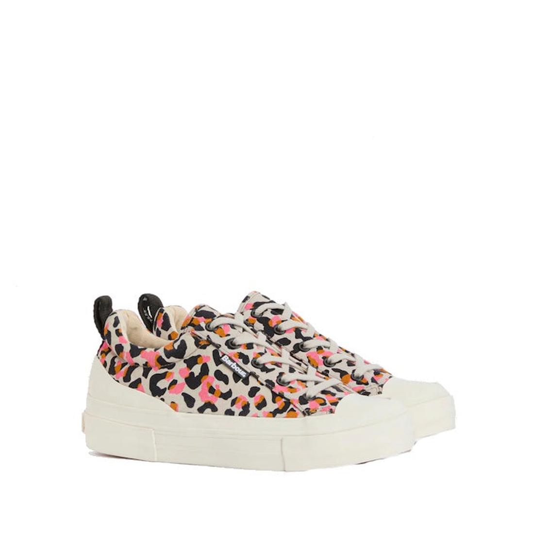 The Barbour Womens Stanhope Canvas Trainer Pink Leopard features a white sole, vibrant pink leopard print with orange, black, and beige spots, white laces, and black heel pull tabs.,51987, 5063669169698, 5063669169704, 5063669169711, 5063669169728, 506366