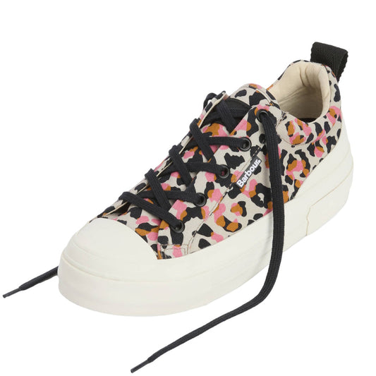 The Barbour Womens Stanhope Canvas Trainer Pink Leopard features a vibrant pink, orange, black, and beige abstract leopard print, white sole, black laces, and a fabric pull tab for easy wear. Perfect colorful sneakers for women., 