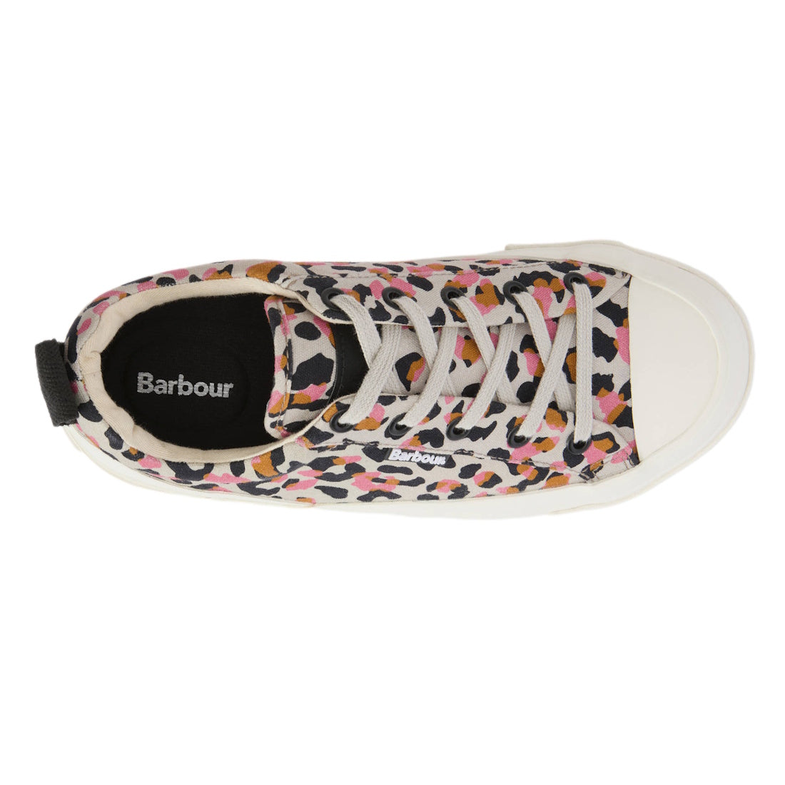 Top view of Barbour Womens Stanhope Canvas Trainer Pink Leopard—women's canvas sneakers with a pink leopard print, white laces, white rubber toe cap, and black insole with Barbour logo. Bold style for standout looks., 51987, 5063669169698, 5063669169704, 