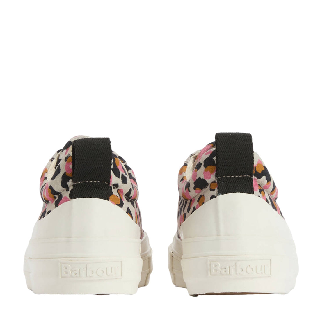 Back view of Barbour Womens Stanhope Canvas Trainer Pink Leopard, featuring a white sole, vibrant pink leopard print, black pull tabs, and Barbour branding on the heel for a stylish finish., 51987, 5063669169698, 5063669169704, 5063669169711, 506366916972