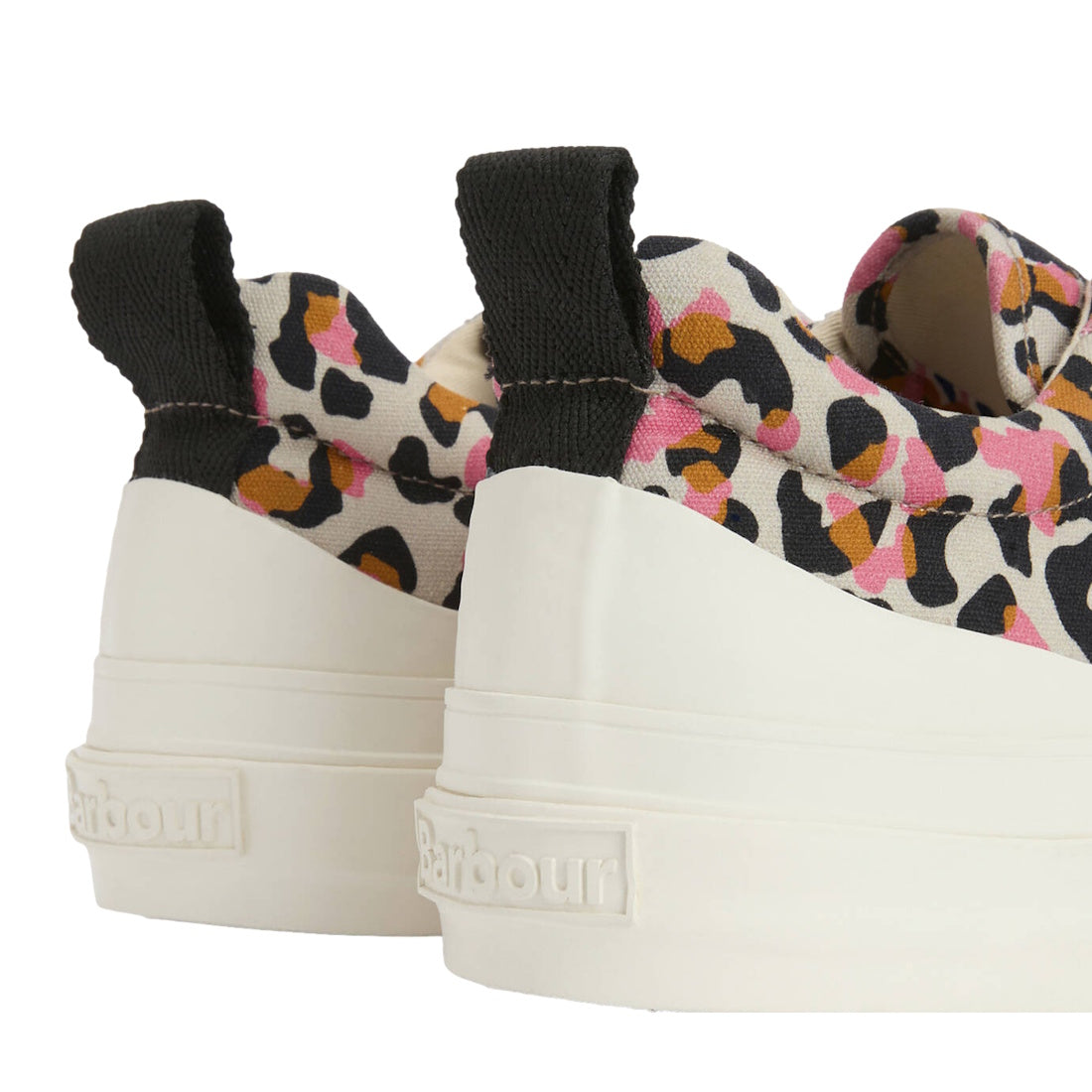 Close-up of the Barbour Womens Stanhope Canvas Trainer Pink Leopard—these sneakers feature a white sole, pink leopard print upper, black pull tabs, and Barbour branding for a bold, stylish touch to any outfit., 51987, 5063669169698, 5063669169704, 5063669