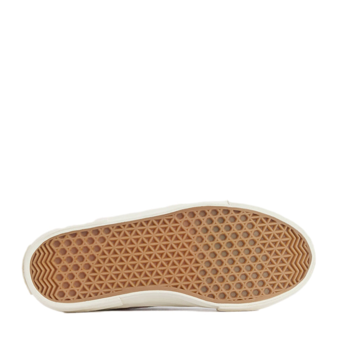 The image shows the underside of a Barbour Womens Stanhope Canvas Trainer Pink Leopard, with a tan rubber sole featuring hexagonal and circular tread patterns. The white upper edge is just visible from this angle., 51987, 5063669169698, 5063669169704, 506