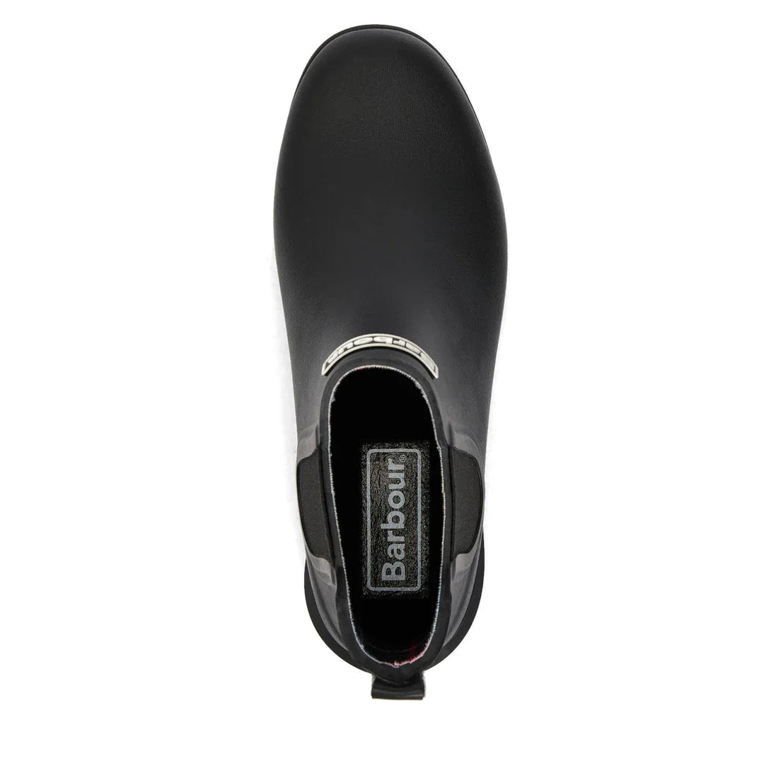 Top view of a single Barbour Wilton Black Chelsea Wellingtons Women's Rainboot featuring a pull tab at the back, tartan lining, and a silver Barbour-branded plate on the front., 190375411423, 190375411546, 190375411614, 190375411768, 190375411850, 1903754
