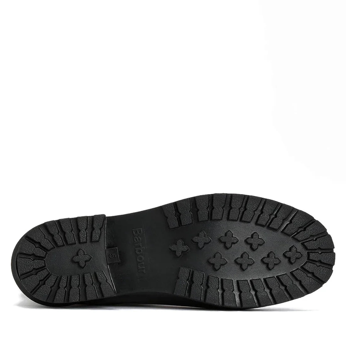 The black rubber sole of the Barbour Wilton Black Chelsea Wellingtons Womens Rainboot is shown from below, revealing a tread with rectangular grooves and cross-shaped grips., 190375411423, 190375411546, 190375411614, 190375411768, 190375411850, 1903754120