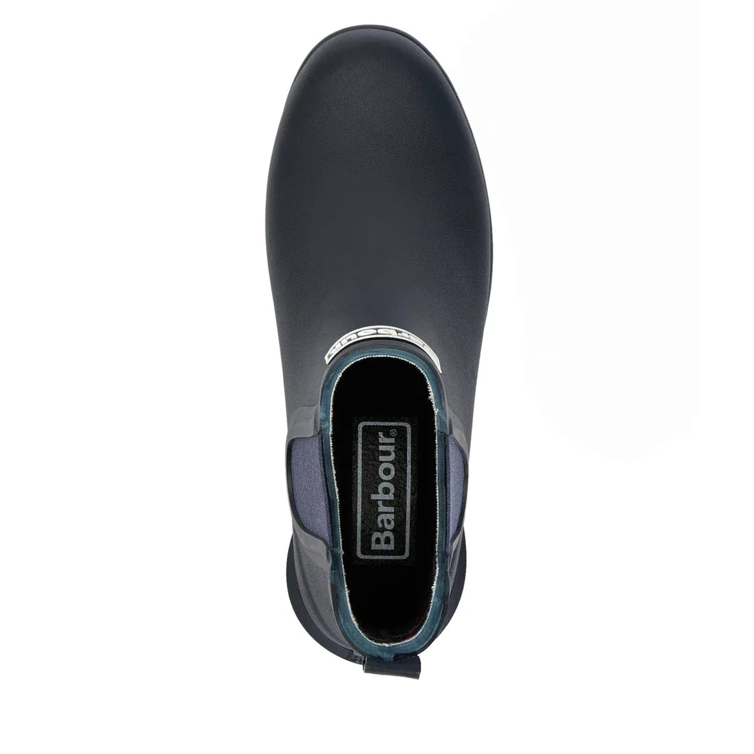Top view of a single Barbour Wilton Navy Chelsea Wellingtons Women's Rainboot with a heel pull tab and visible Barbour logo on the insole, photographed against a white background., 190375411744, 190375411867, 190375412055, 190375412123, 190375412222, 5139