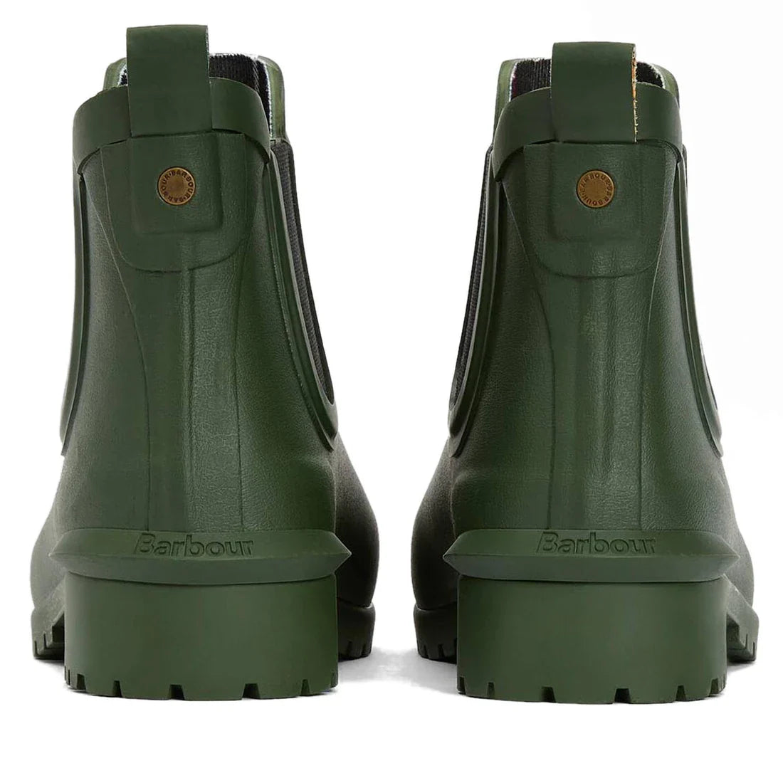 The Barbour Wilton Olive Chelsea Wellingtons Womens Rainboot is shown from the back, with pull tabs, rugged soles, Barbour branding above the heel, and a signature tartan lining., 190375411737, 190375411898, 190375411973, 190375412116, 190375412192, 19037