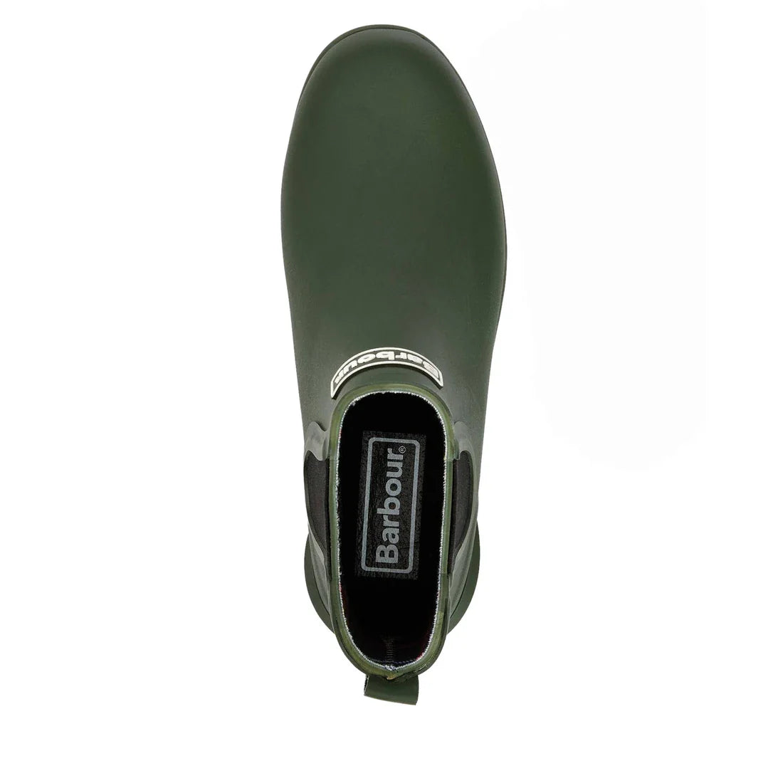 Top view of the Barbour Wilton Olive Chelsea Wellingtons Women's Rainboot, featuring a heel pull tab, Barbour branding on the insole and tongue, plus signature tartan lining., 190375411737, 190375411898, 190375411973, 190375412116, 190375412192, 190375412