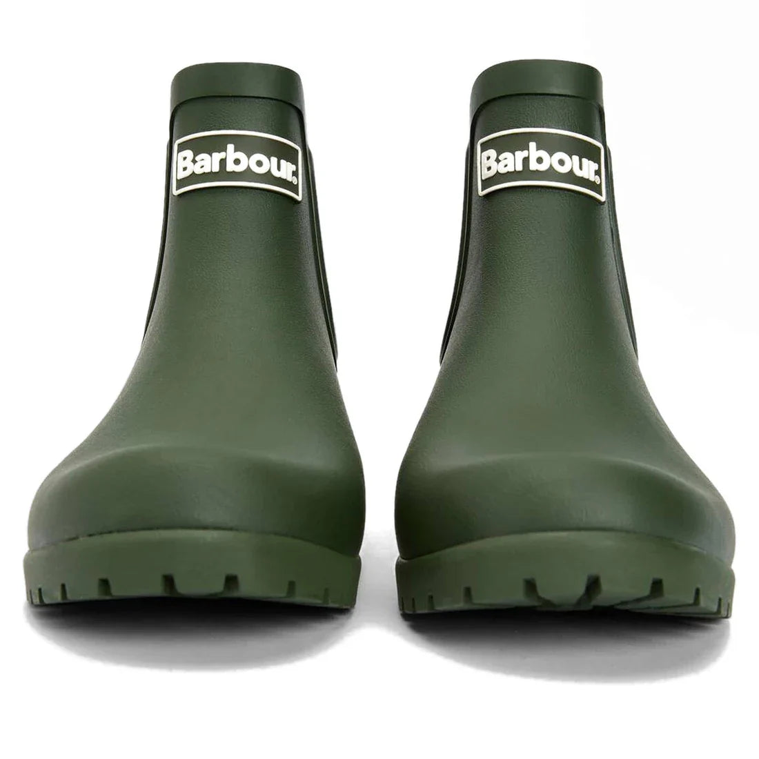A pair of Barbour Wilton Olive Chelsea Wellingtons Womens Rainboots, shown from the front, feature thick tread soles, white Barbour logo on each boot, and a classic tartan lining for comfort., 190375411737, 190375411898, 190375411973, 190375412116, 190375