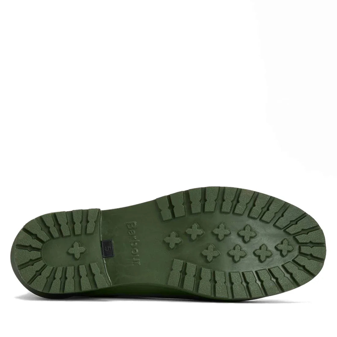 Close-up of the underside of a Barbour Wilton Olive Chelsea Wellingtons Womens Rainboot, showing textured treads with cross-shaped and rectangular patterns, plus Barbour branding near the heel., 190375411737, 190375411898, 190375411973, 190375412116, 1903