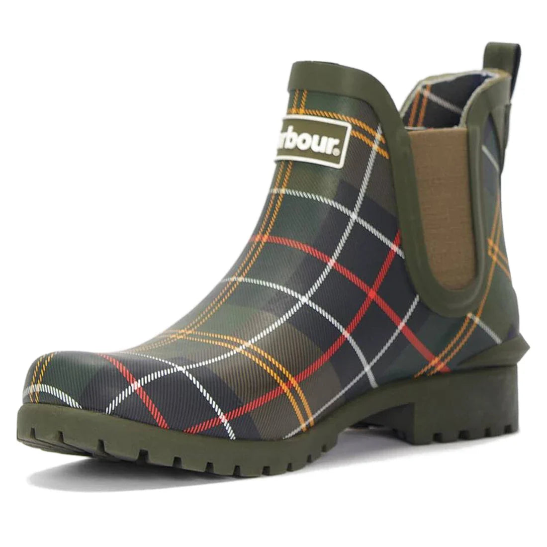 The Barbour Wilton Classic Tartan Chelsea Wellingtons Womens Rainboot is a green ankle rain boot with a chunky sole, elastic side panel, multicolored plaid pattern, and Barbour logo on the front, inspired by Barbour Chelsea boots., 194972145934, 194972146