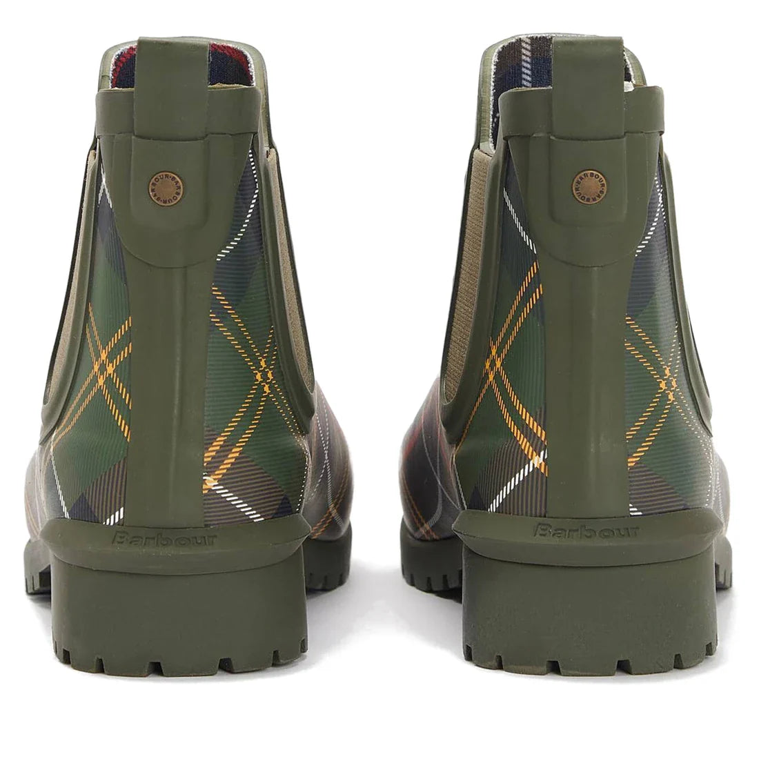 Rear view of Barbour Wilton Classic Tartan Chelsea Wellingtons Women's Rainboot, featuring green tartan with yellow, white, and navy plaid, chunky treaded soles, and Barbour branding on the heels., 194972145934, 194972146030, 194972146122, 194972146221, 1