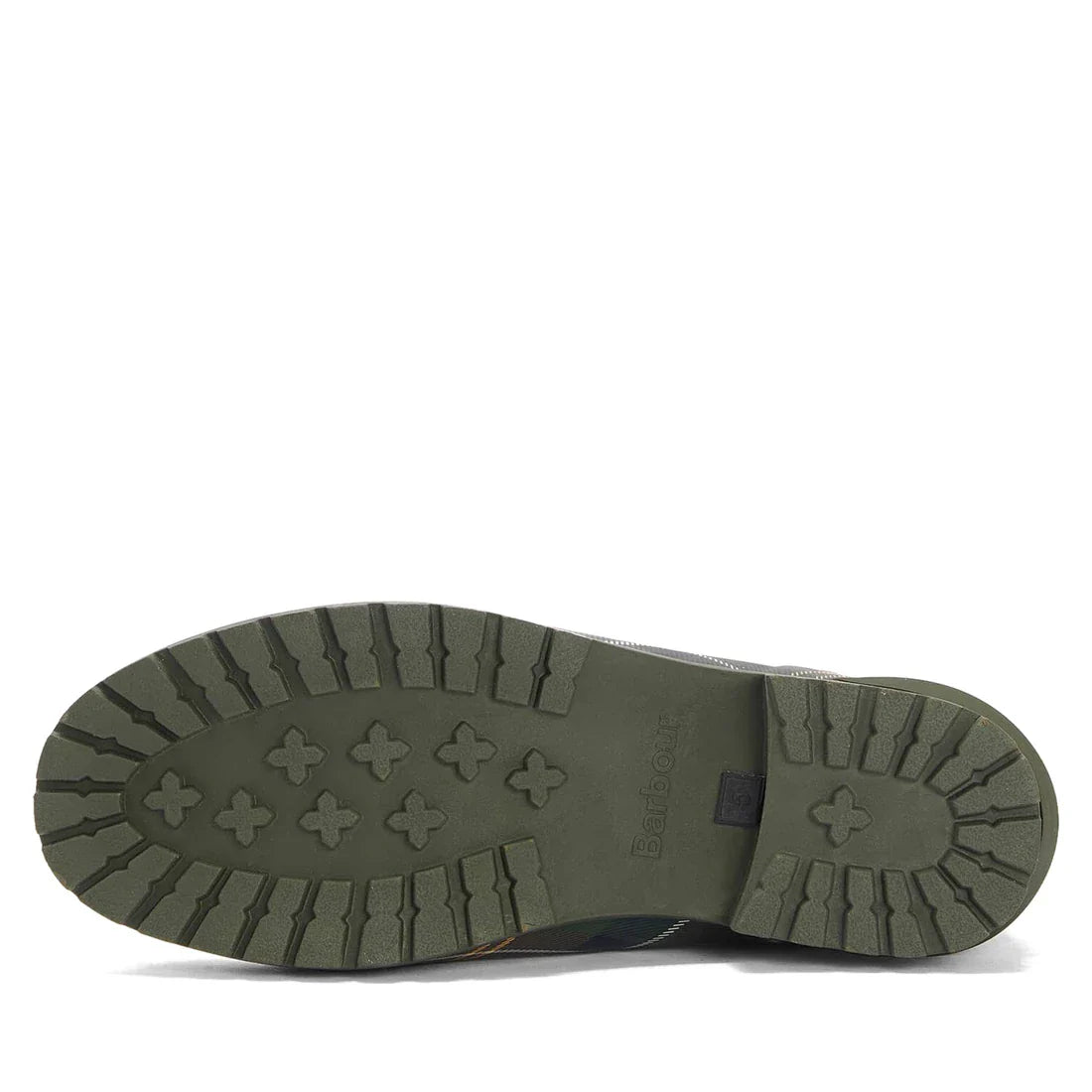 The image shows the green rubber sole of the Barbour Wilton Classic Tartan Chelsea Wellingtons Women's Rainboot, featuring a rugged tread with cross-shaped grips and deep grooves. The Barbour name is embossed in the center., 194972145934, 194972146030, 19