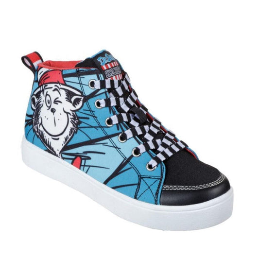 Skechers Youths Duratronz Dr Seuss World Boot Blue: fun high tops in blue/black, checkered laces, Cat in the Hat, white sole.  ksnz