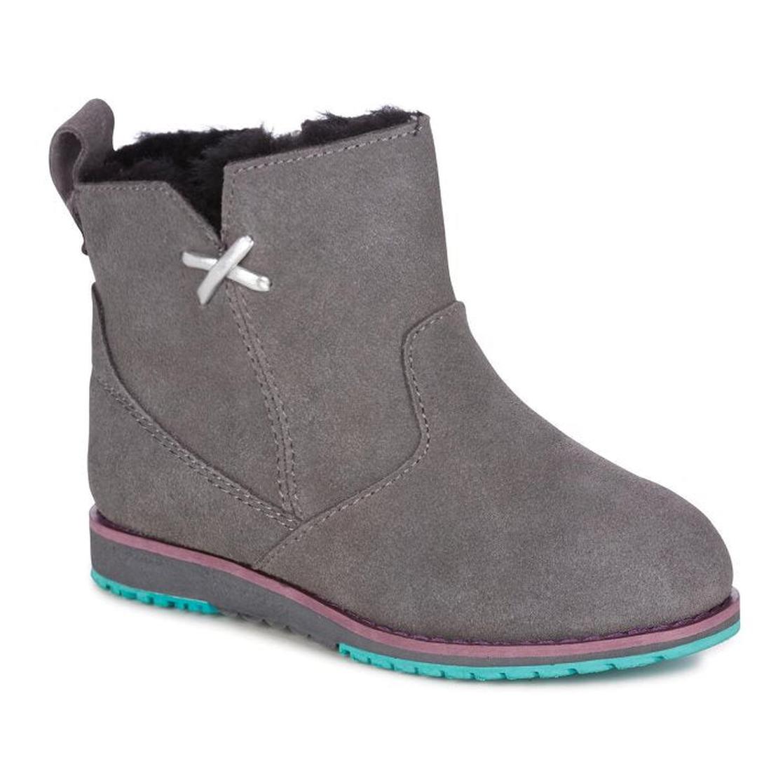 EMU NZ Beach Mini Kids Boot in charcoal grey—soft sheepskin, cozy black lining, teal rubber sole, silver X-stitch & easy pull-on style.  ksnz