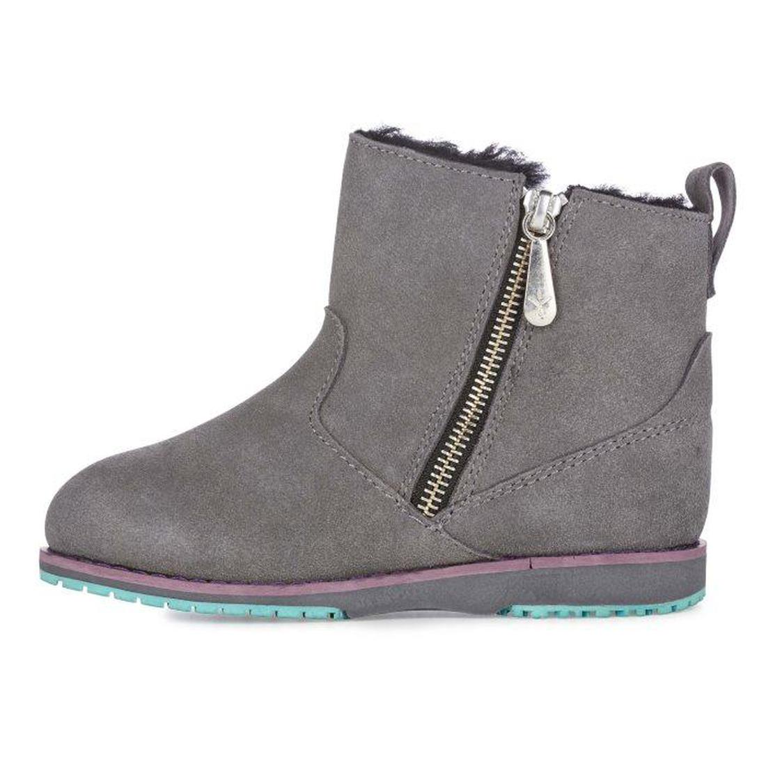 EMU NZ Beach Mini Kids boots in charcoal grey with side zipper, pull tab, soft lining, purple trim, and grippy light blue sole.  ksnz