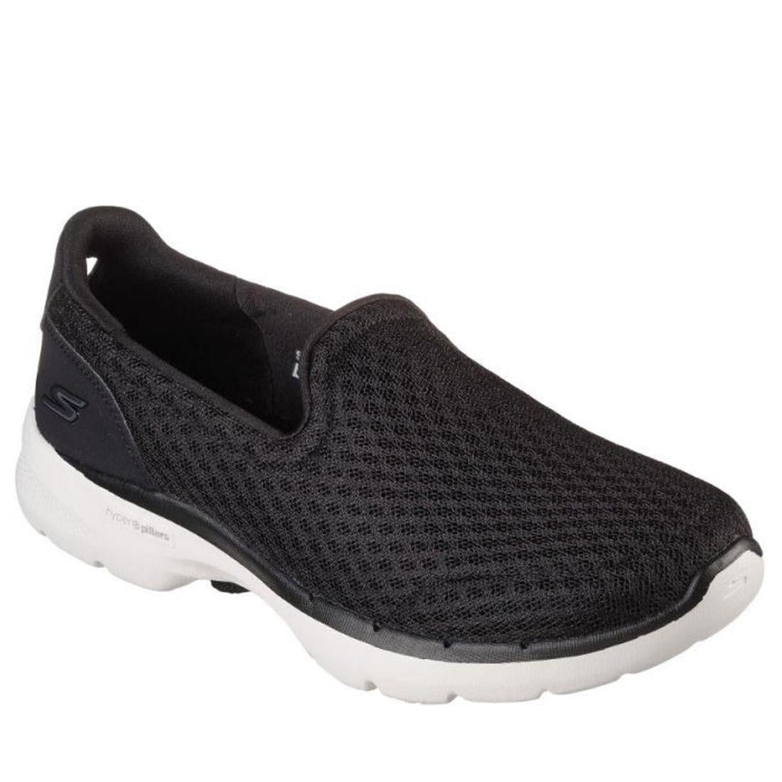 Skechers Go Walk 6 Big Splash Black White slip-on, easy mesh upper, comfy white sole, and soft heel logo for active families.  ksnz