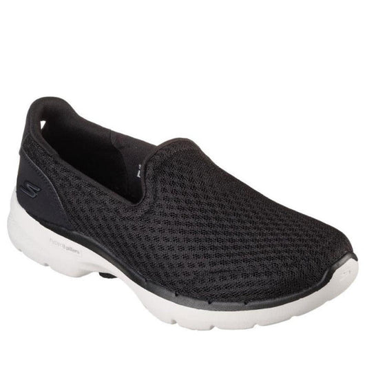 Skechers Go Walk 6 Big Splash Black White slip-on, easy mesh upper, comfy white sole, and soft heel logo for active families.  ksnz