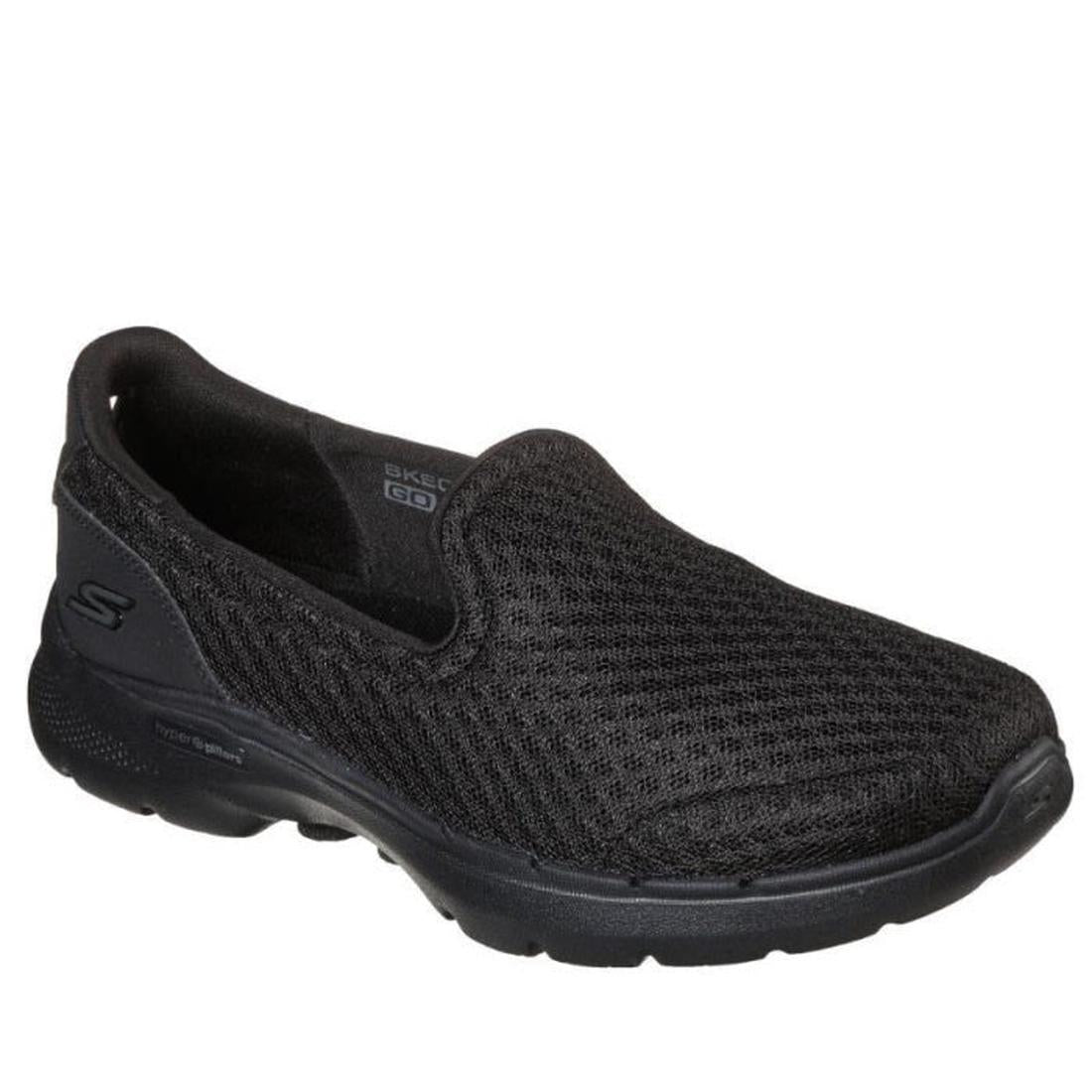 Skechers Go Walk 6 WIDE Width Big Splash is a comfy all black women’s slip-on shoe with mesh upper, soft sole, and easy fit for walks.  ksnz